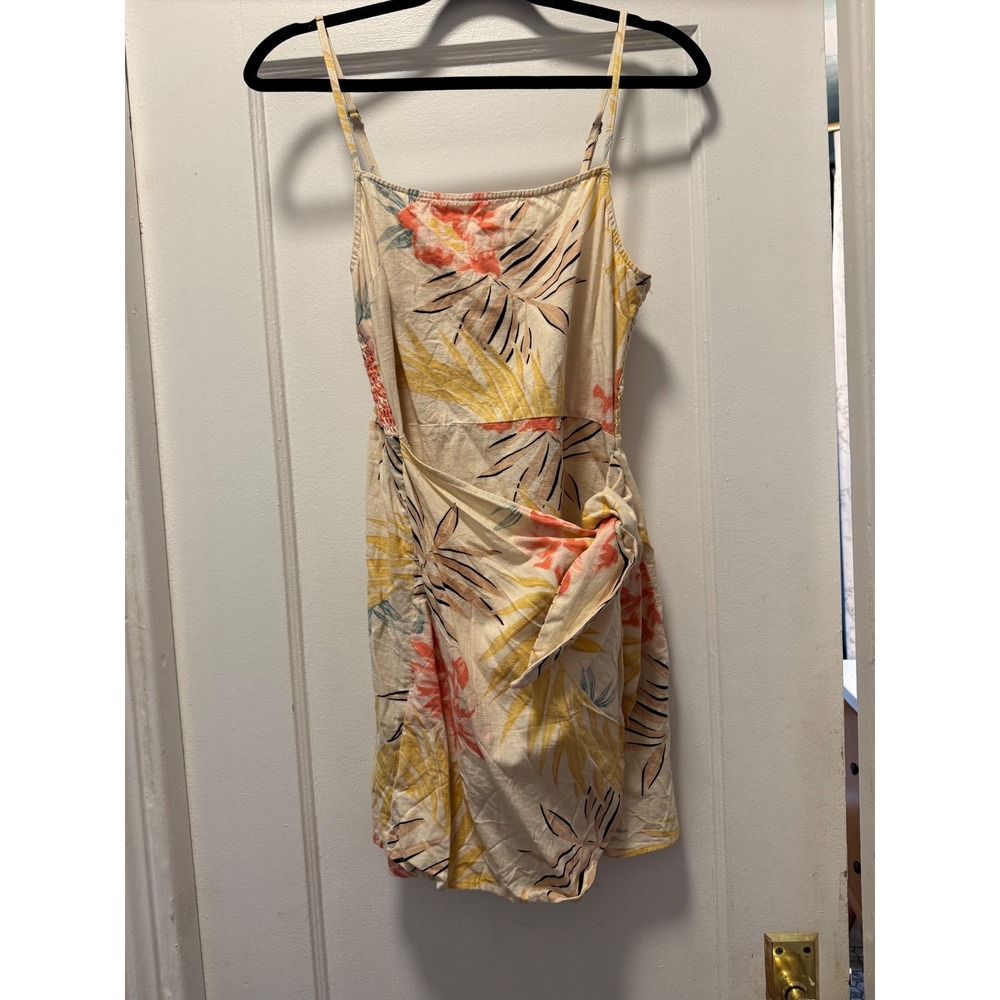 Tropical Floral Linen Blend‎ Faux Wrap Mini Dress Cream Coral Yellow Summer S